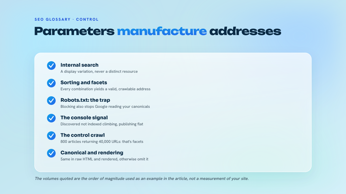 List of six control points on URL parameters: internal search, sorting and facets, robots.txt, Search Console, discovery crawl, canonical and rendering.