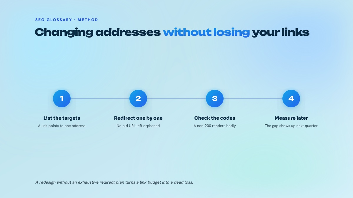 Four numbered steps of a URL redesign: list the addresses targeted by links, redirect them one by one, check the status codes, measure the following quarter.