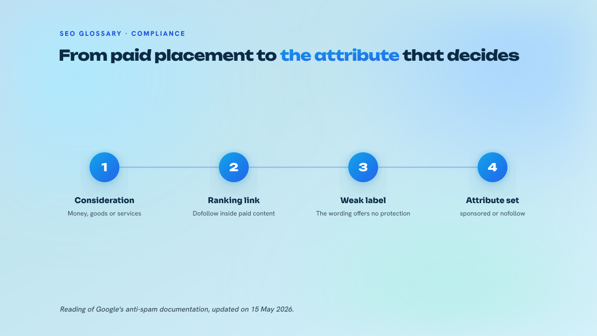 Four numbered steps showing how Google qualifies a paid link: identified consideration, ranking link, insufficient label, qualification by attribute.