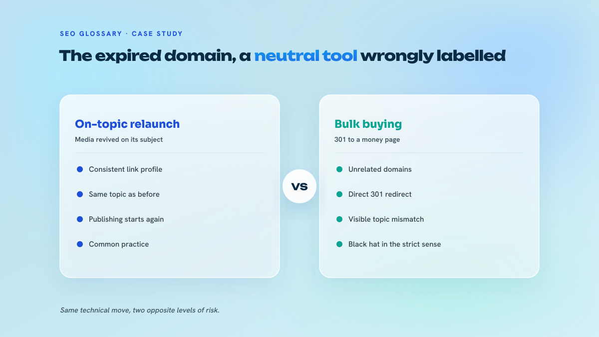 Two-column comparison of two uses of an expired domain: relaunching a media outlet on its original topic versus buying domains in bulk and 301-redirecting them to a money page.