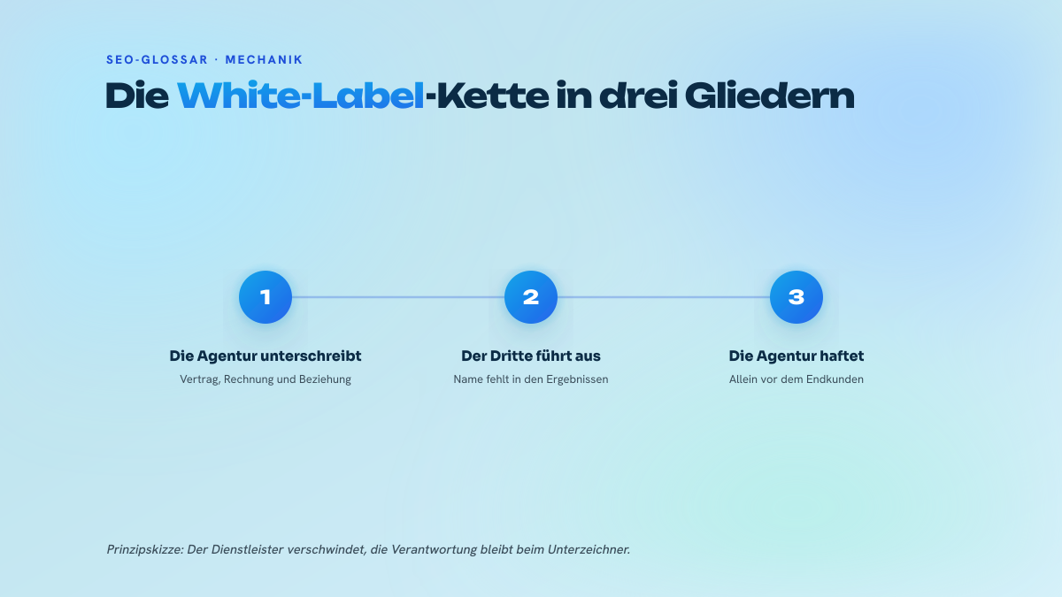 Dreistufiger Prozess mit nummerierten Schritten, der die White-Label-Kette der Unterbeauftragung zeigt: Die Agentur schließt den Kunden ab, ein Dritter führt aus, ohne sichtbar zu werden, danach steht die Agentur allein für das Ergebnis ein.