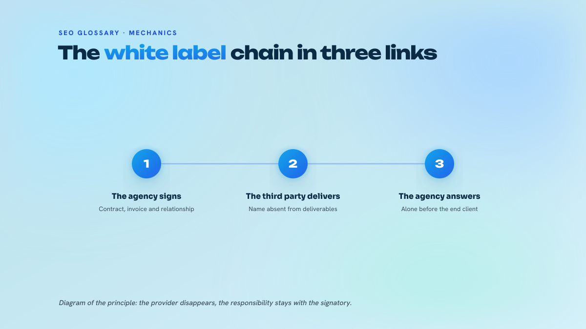 Three numbered steps showing the white label subcontracting chain: the agency signs the client, a third party delivers without appearing, then the agency alone owns the outcome.
