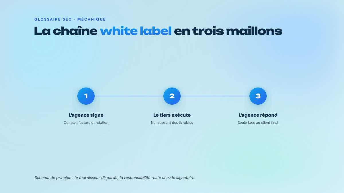 Processus en trois étapes numérotées montrant la chaîne de sous-traitance white label : l'agence signe le client, un tiers exécute sans apparaître, puis l'agence assume seule le résultat.