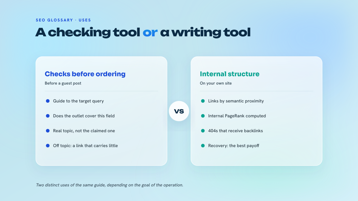 Two-column comparison between using the guide as a checking tool before placing a link and using it as a tool for the site's internal structure.